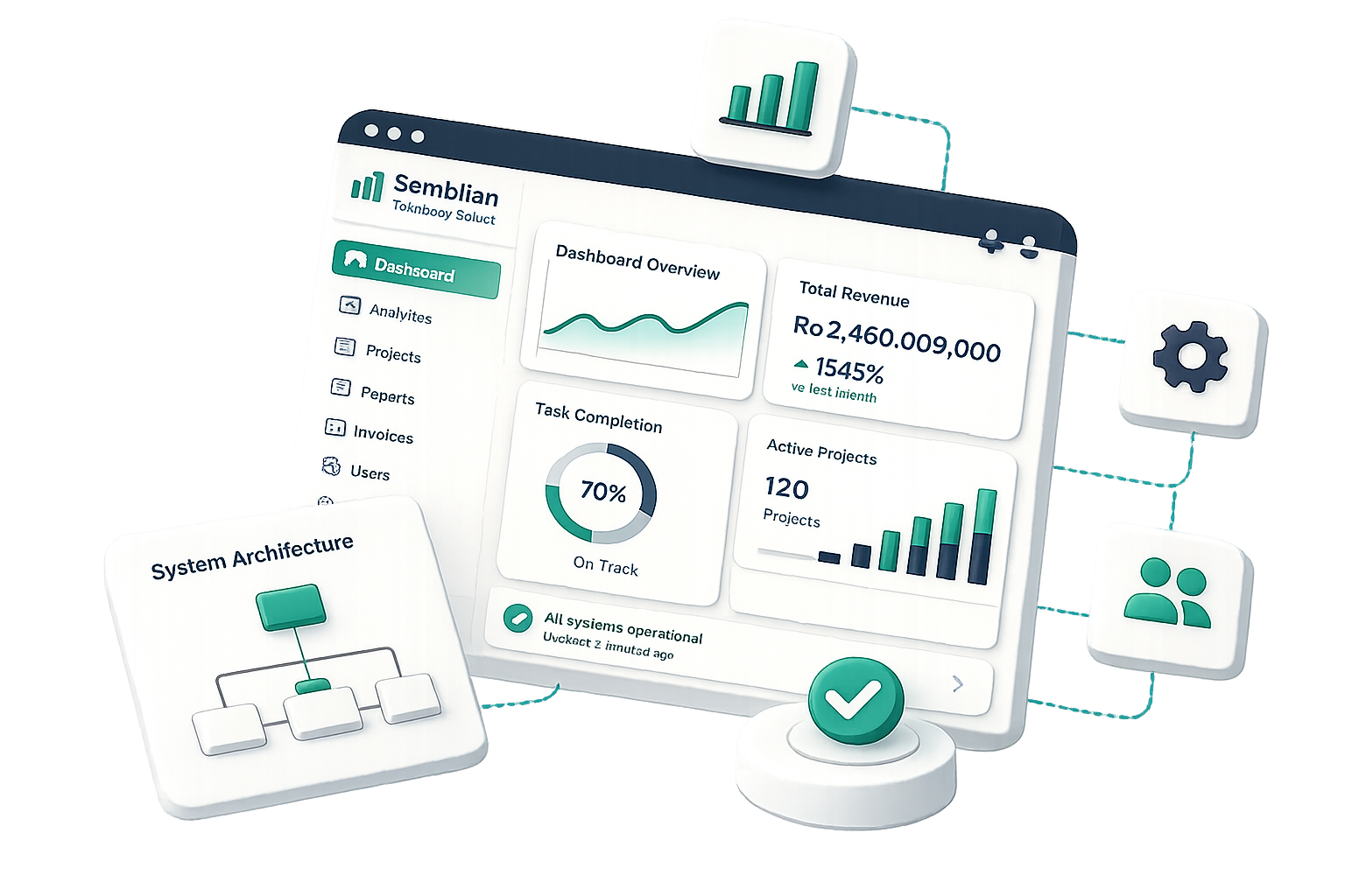 Ilustrasi dashboard ERP: penjualan, stok, produksi, dan proses bisnis dalam satu sistem